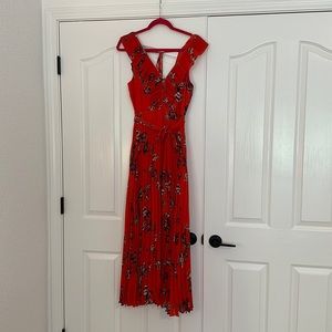 Lulu’s Loved By You Red Orange Floral Print Pleated Chiffon Maxi Dres